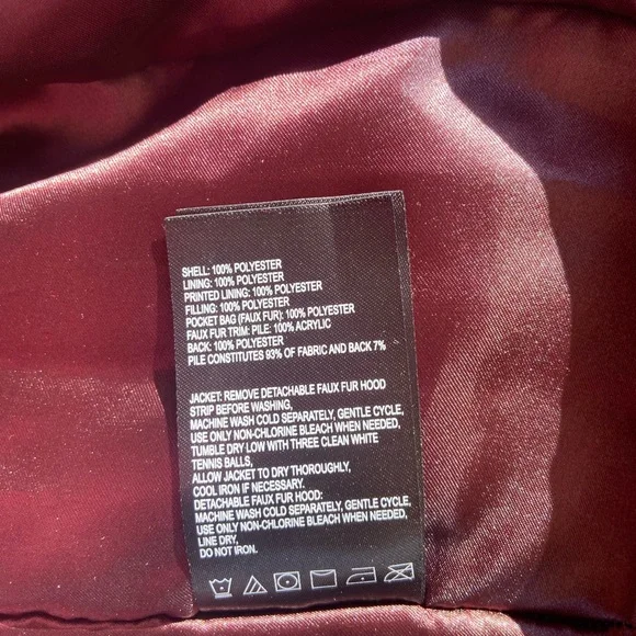 Belted Quilted Long Puffer Coat Fur Hood Plum Burgundy Size Small - Picture 9 of 11